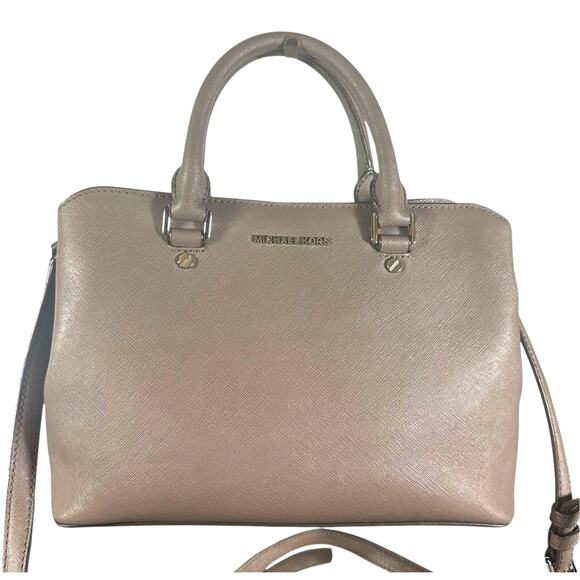 Michael Kors Savannah Large Satchel Pearl Gray Saffiano Leather Crossbody Bag - Picture 1 of 11